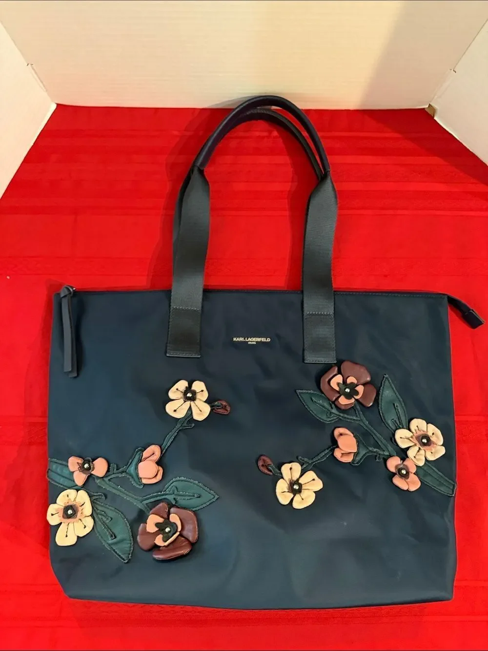 Karl Lagerfeld Navy Tote with Floral Appliqués & Inside Pockets